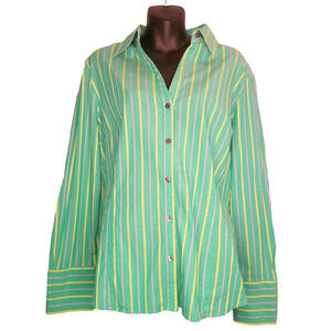 Attention Women's XXL Green Stripe Button Down V-Neck Shirt